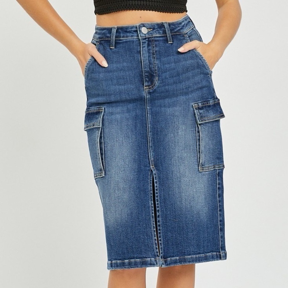 Denim Cargo Pencil Skirt - Blue
